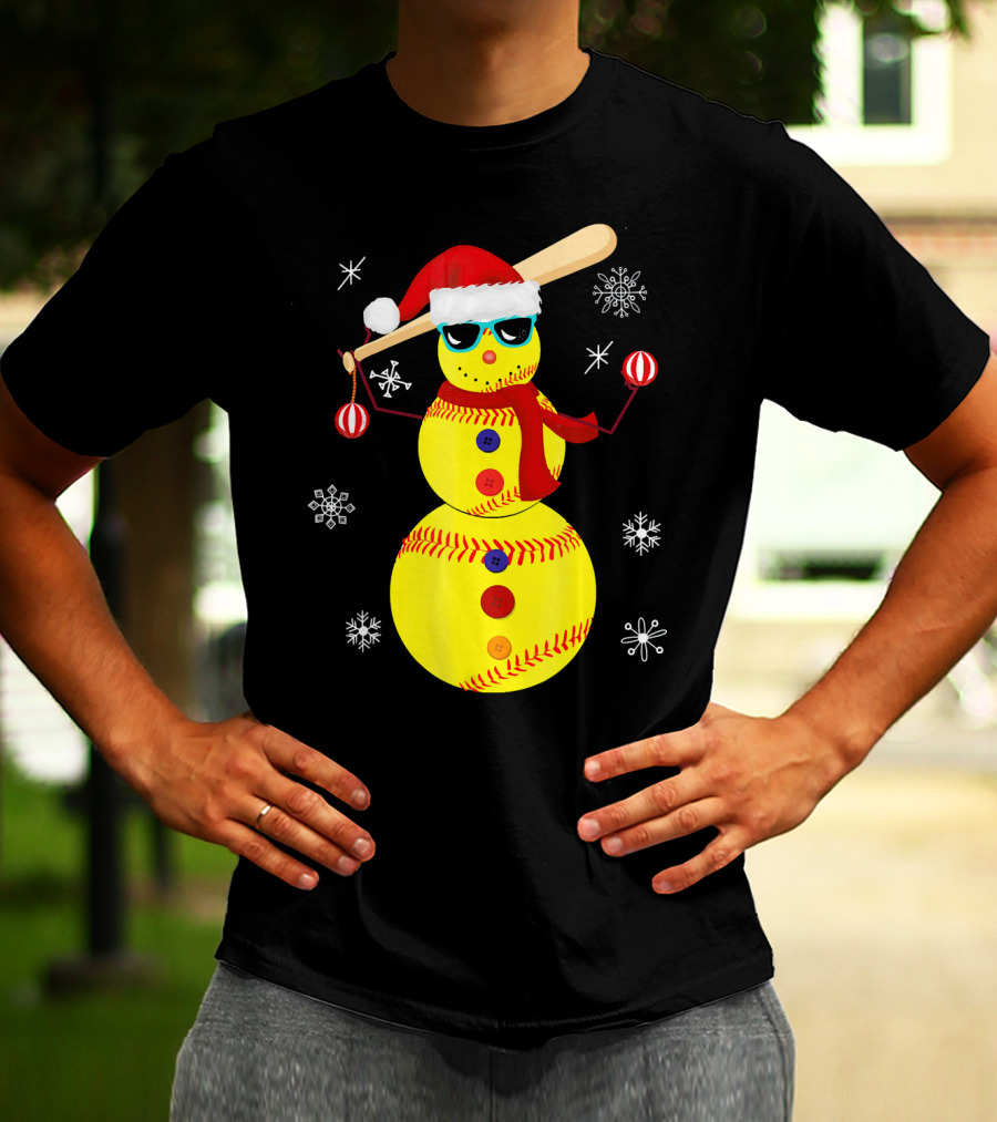 Christmas Softball Snowman With Bat And Santa Hat T-Shirt