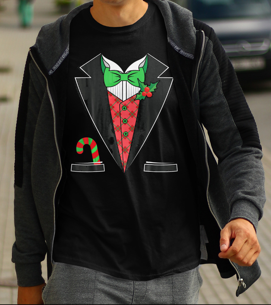 Christmas Tuxedo With Candy Cane Pattern And Festive Bow Tie T-Shirt