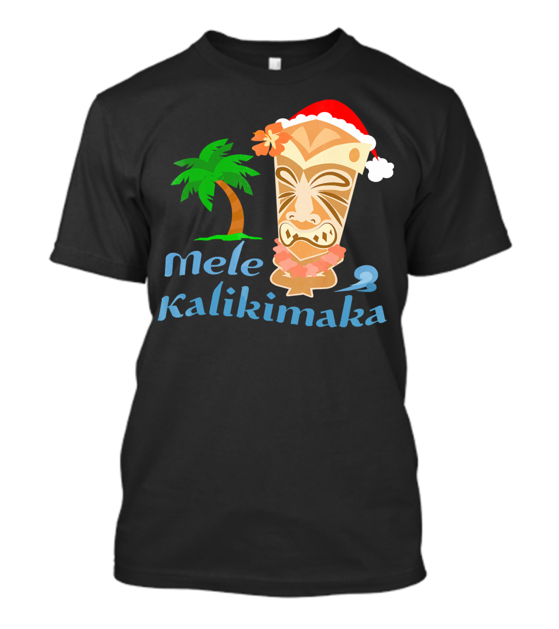 Mele Kalikimaka Hawaiian Christmas Tiki With Palm Tree And Santa Hat T-Shirt