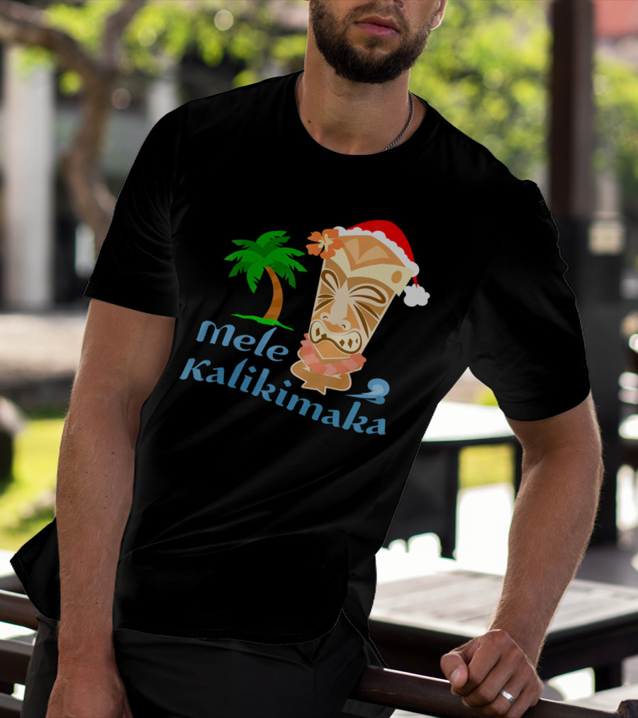 Mele Kalikimaka Hawaiian Christmas Tiki With Palm Tree And Santa Hat T-Shirt
