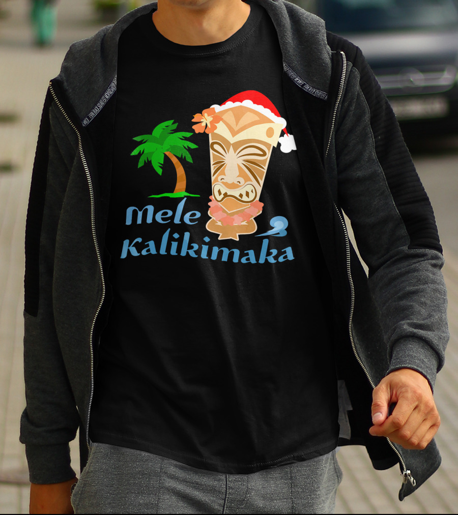 Mele Kalikimaka Hawaiian Christmas Tiki With Palm Tree And Santa Hat T-Shirt