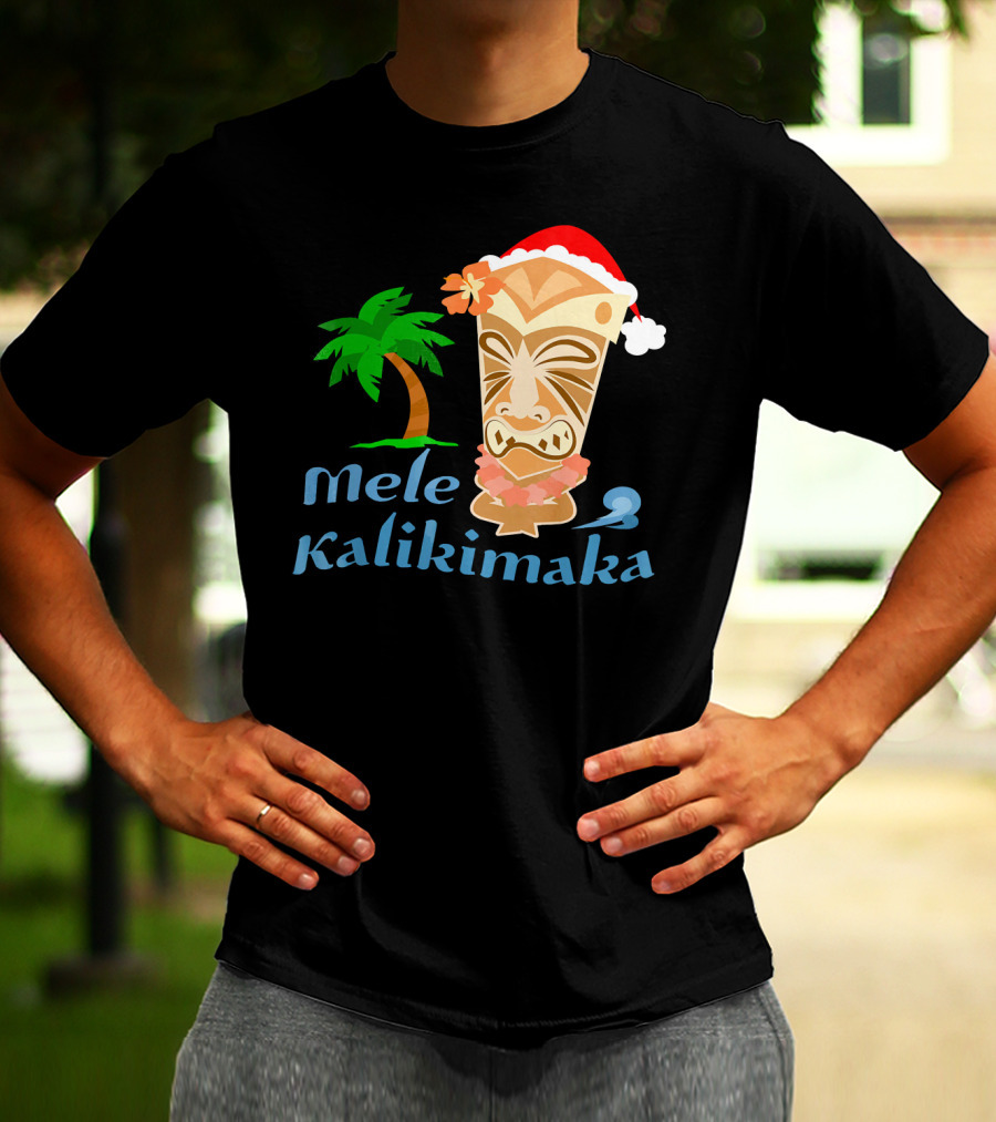 Mele Kalikimaka Hawaiian Christmas Tiki With Palm Tree And Santa Hat T-Shirt