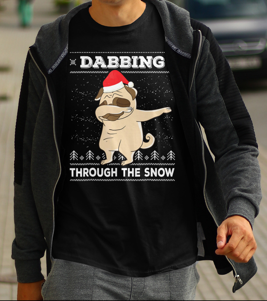 Dabbing Pug Through The Snow Santa Hat T-Shirt