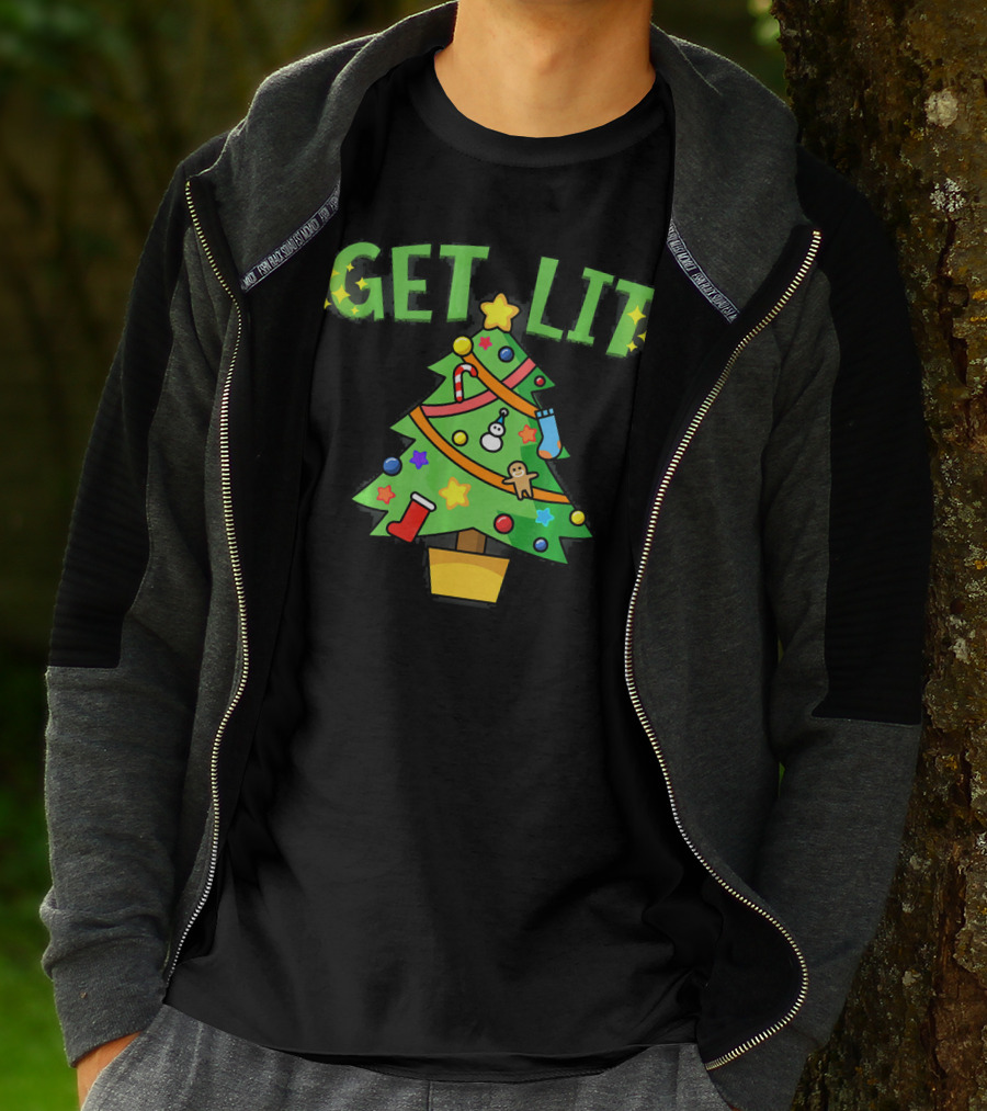 Get Lit Christmas Tree Festive Decorations Candles Stockings Ornaments Gingerbread Stars T-Shirt