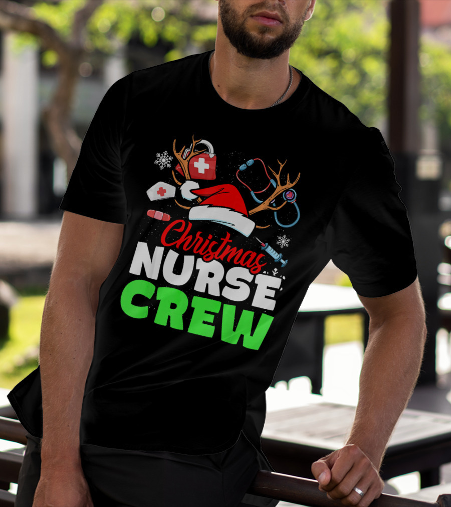 Christmas Nurse Crew Reindeer Antlers Stethoscope Santa Hat Snowflakes T-Shirt