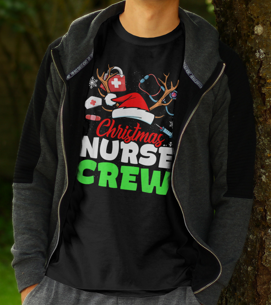 Christmas Nurse Crew Reindeer Antlers Stethoscope Santa Hat Snowflakes T-Shirt