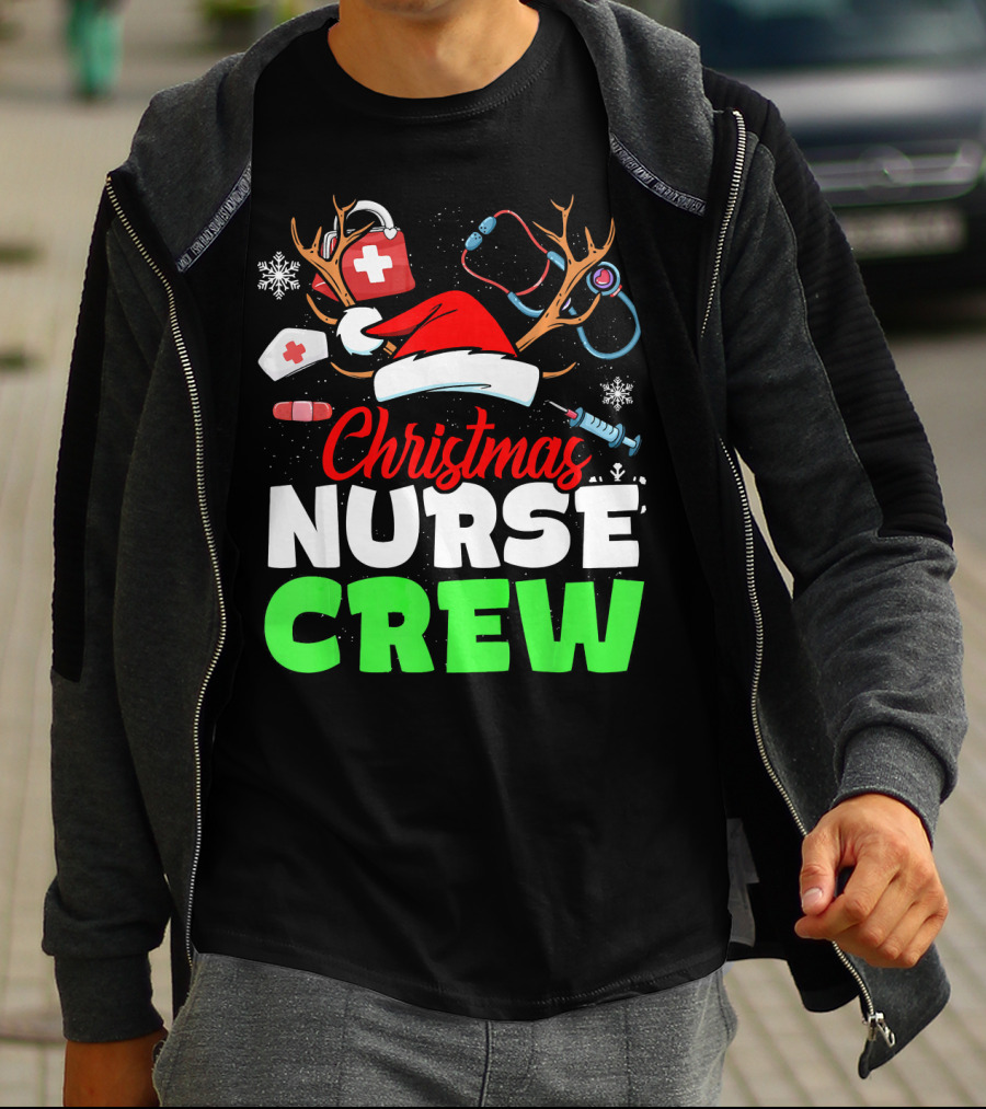 Christmas Nurse Crew Reindeer Antlers Stethoscope Santa Hat Snowflakes T-Shirt