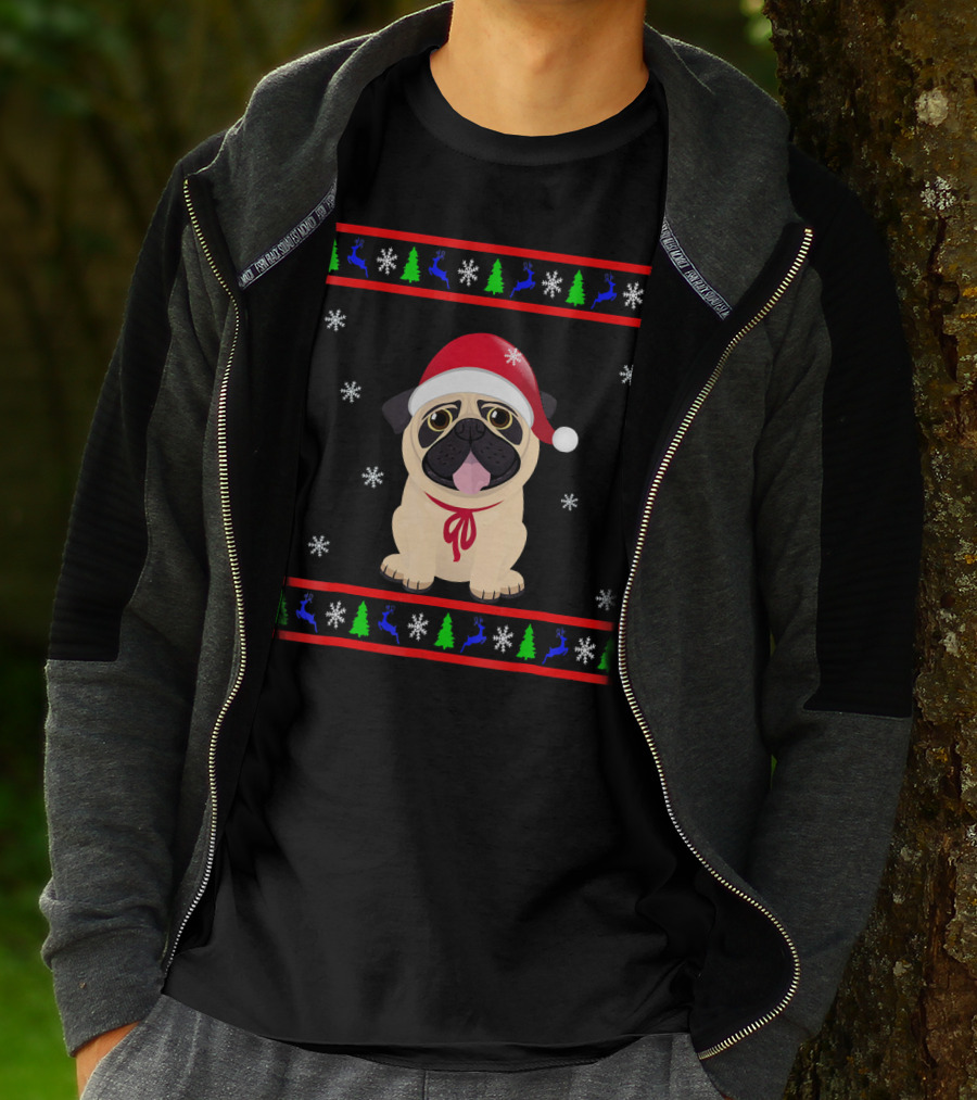 Christmas Santa Hat Pug Snowflakes Trees Reindeer T-Shirt