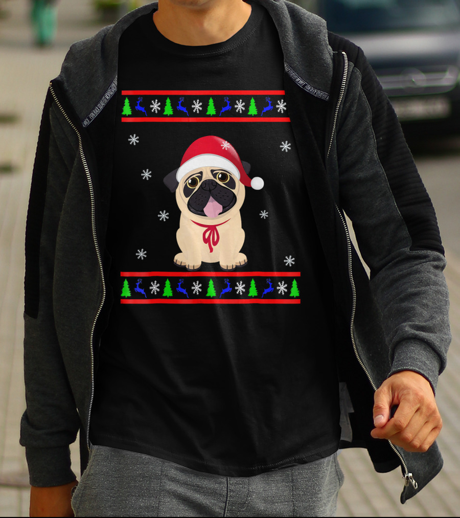 Christmas Santa Hat Pug Snowflakes Trees Reindeer T-Shirt