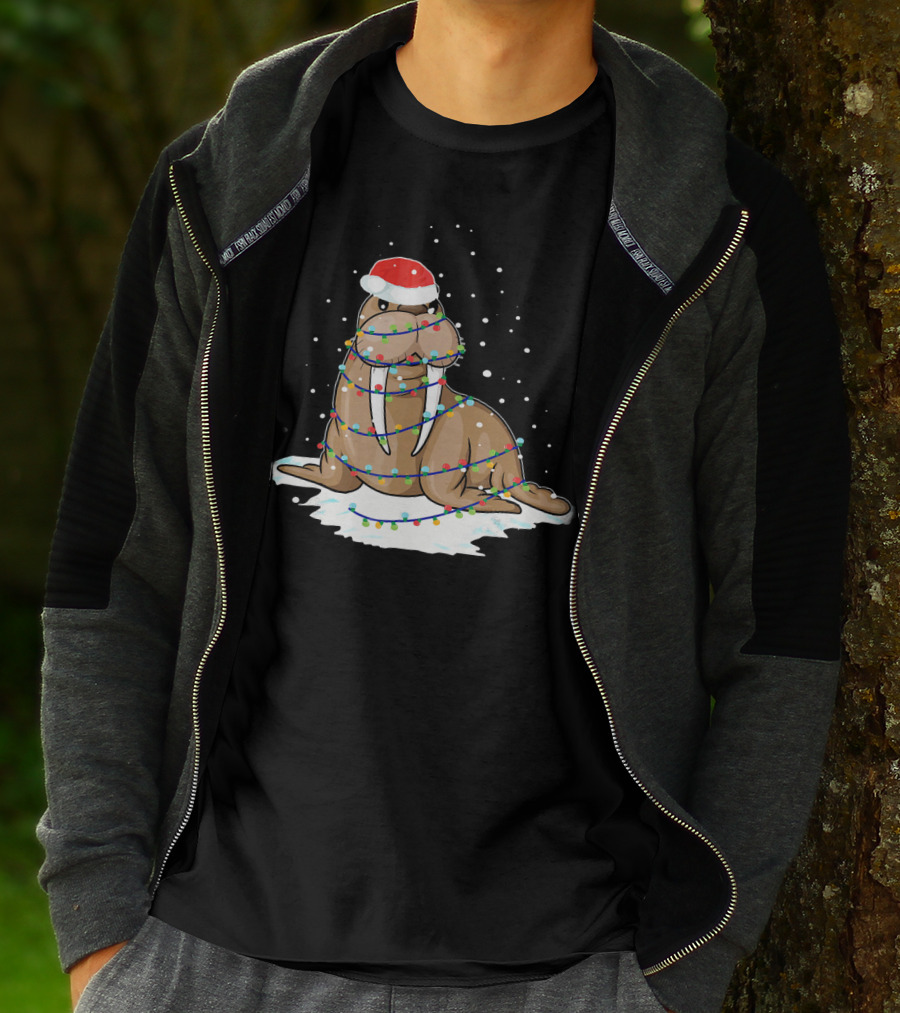 Walrus Wrapped In Christmas Lights With Santa Hat On Snow T-Shirt