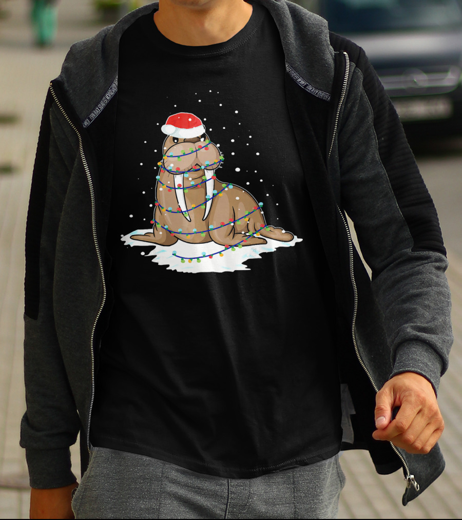Walrus Wrapped In Christmas Lights With Santa Hat On Snow T-Shirt