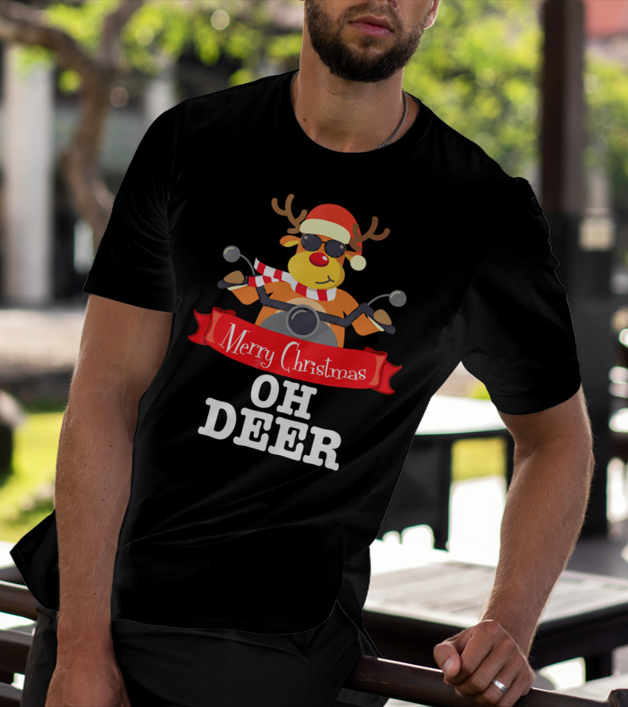 Merry Christmas Oh Deer Reindeer Motorcycle Santa Hat T-Shirt