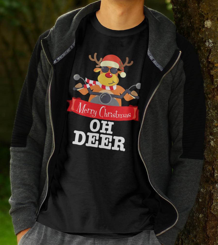 Merry Christmas Oh Deer Reindeer Motorcycle Santa Hat T-Shirt