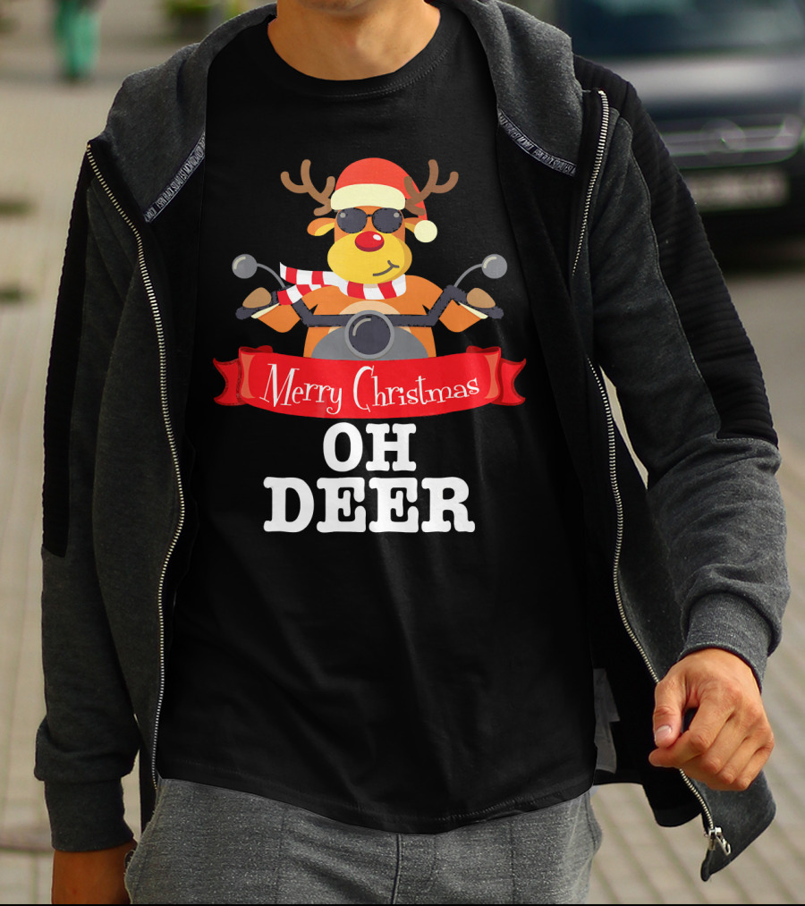 Merry Christmas Oh Deer Reindeer Motorcycle Santa Hat T-Shirt