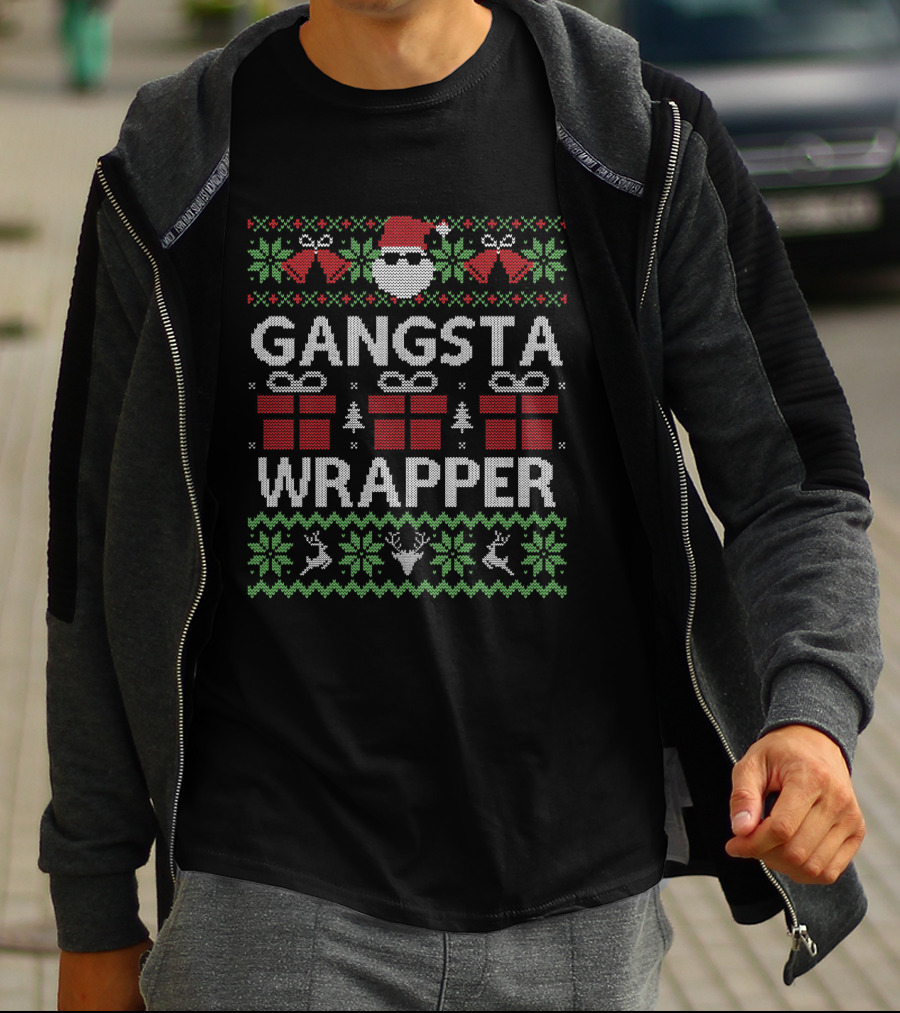 LONG SLEEVE Gangsta Wrapper Santa Presents Ugly Christmas T-Shirt
