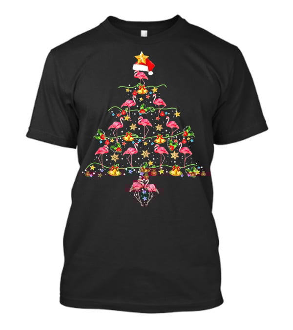 Flamingo Christmas Tree With Santa Hat And Decorations T-Shirt