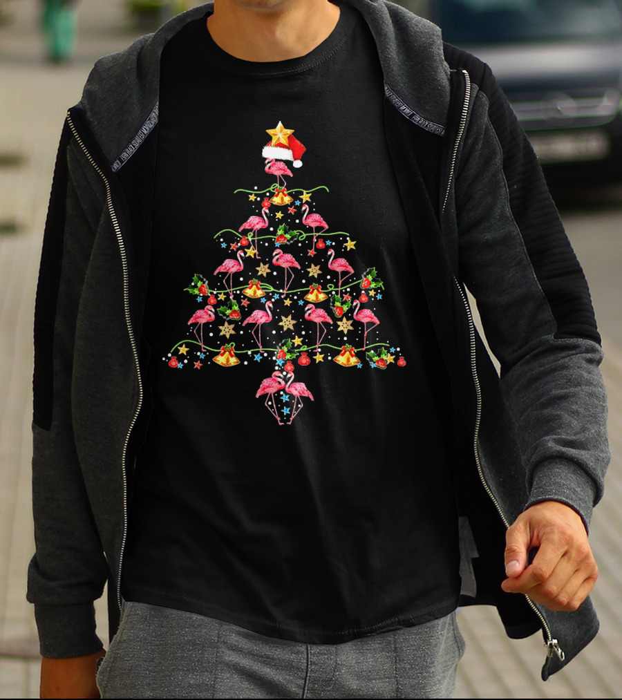 Flamingo Christmas Tree With Santa Hat And Decorations T-Shirt