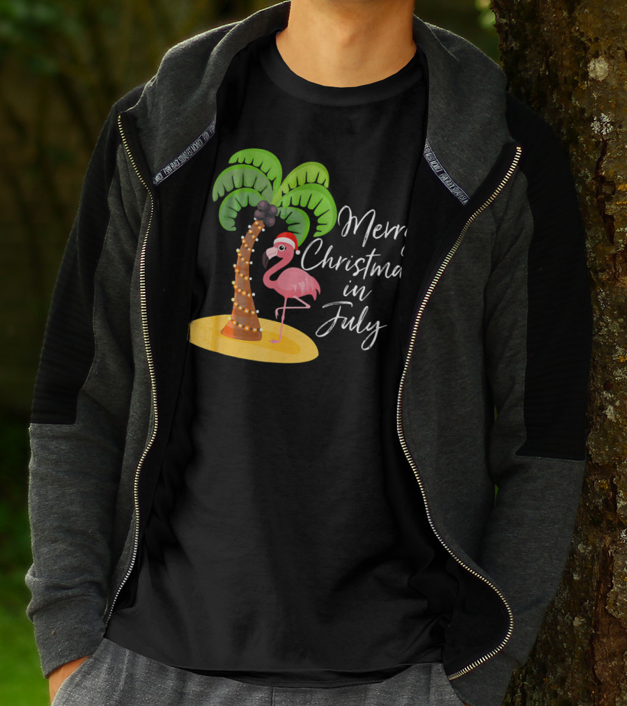 Merry Christmas In July Flamingo And Palm Tree T-Shirt