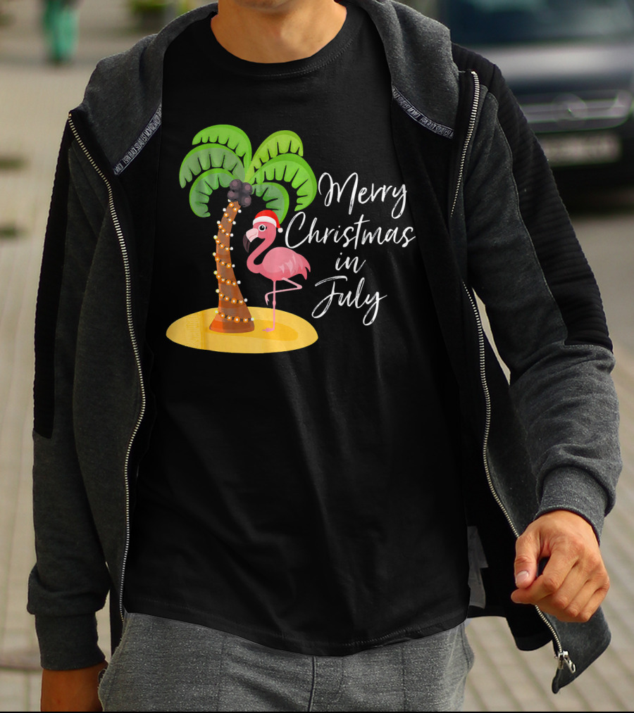 Merry Christmas In July Flamingo And Palm Tree T-Shirt