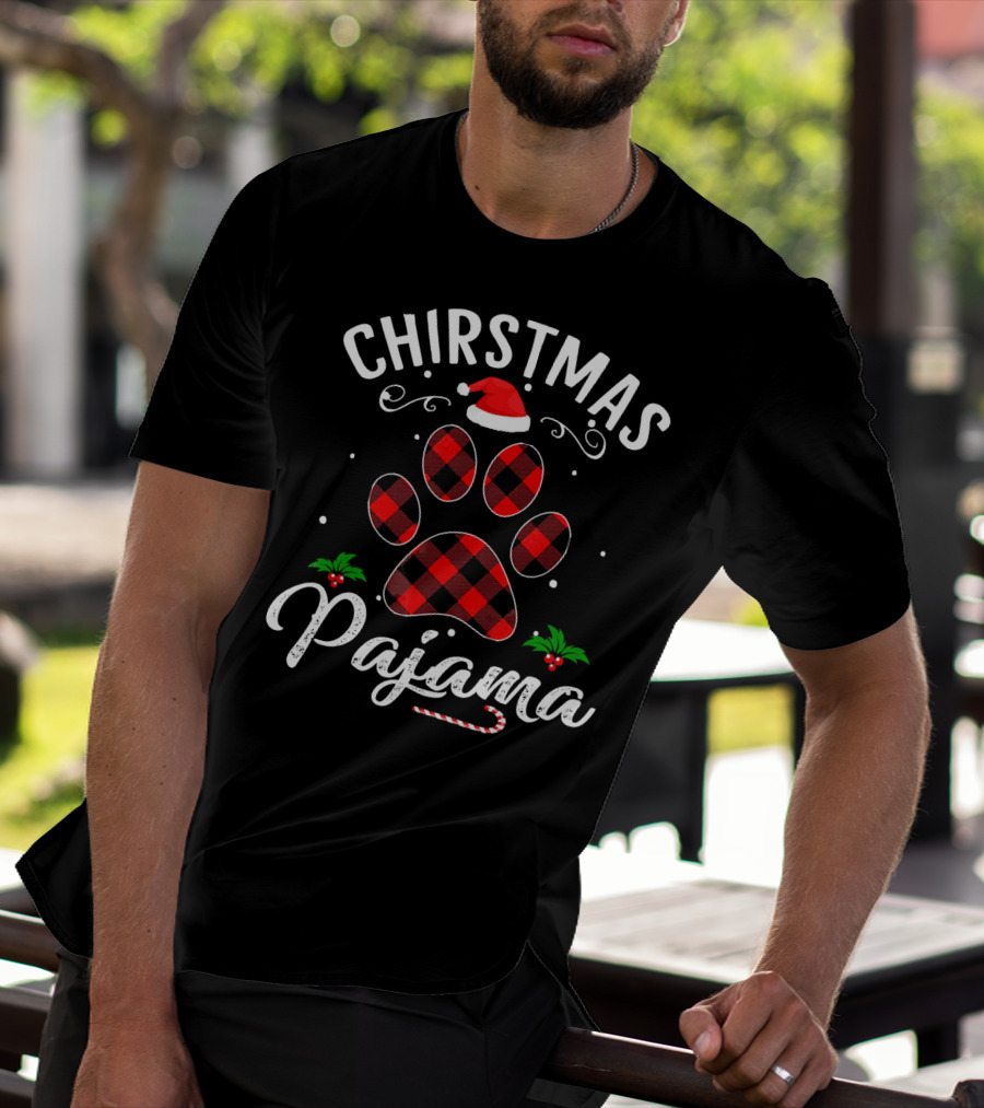 Buffalo Plaid Christmas Pajama Paw Holiday Hat T-Shirt