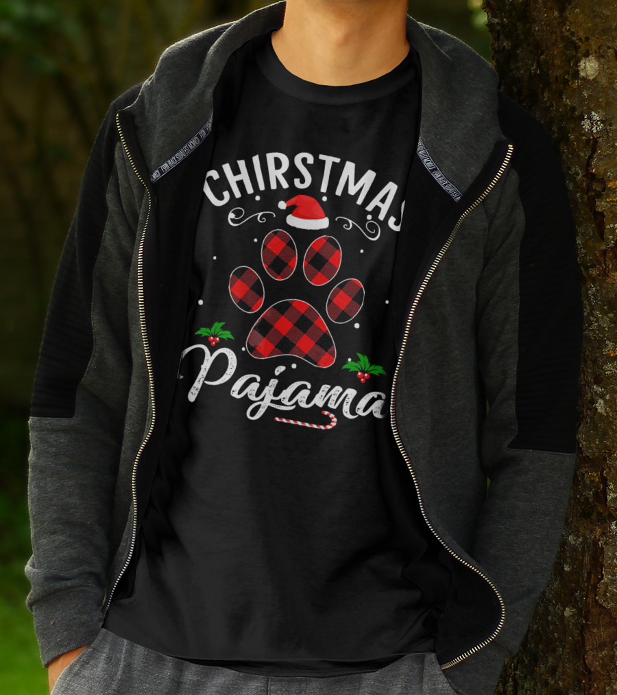 Buffalo Plaid Christmas Pajama Paw Holiday Hat T-Shirt