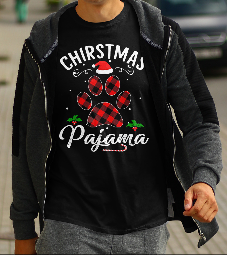 Buffalo Plaid Christmas Pajama Paw Holiday Hat T-Shirt