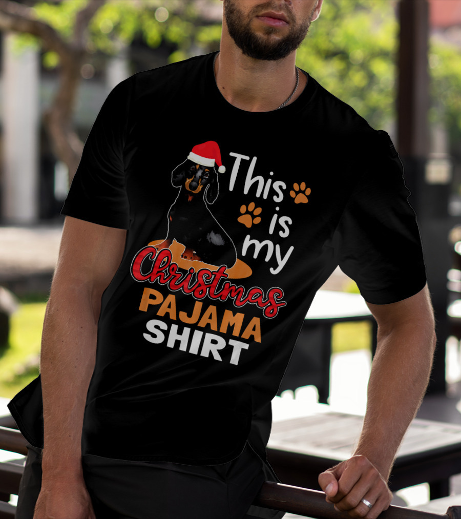 This Is My Christmas Pajama Shirt Dachshund Santa Hat Paw Prints T-Shirt