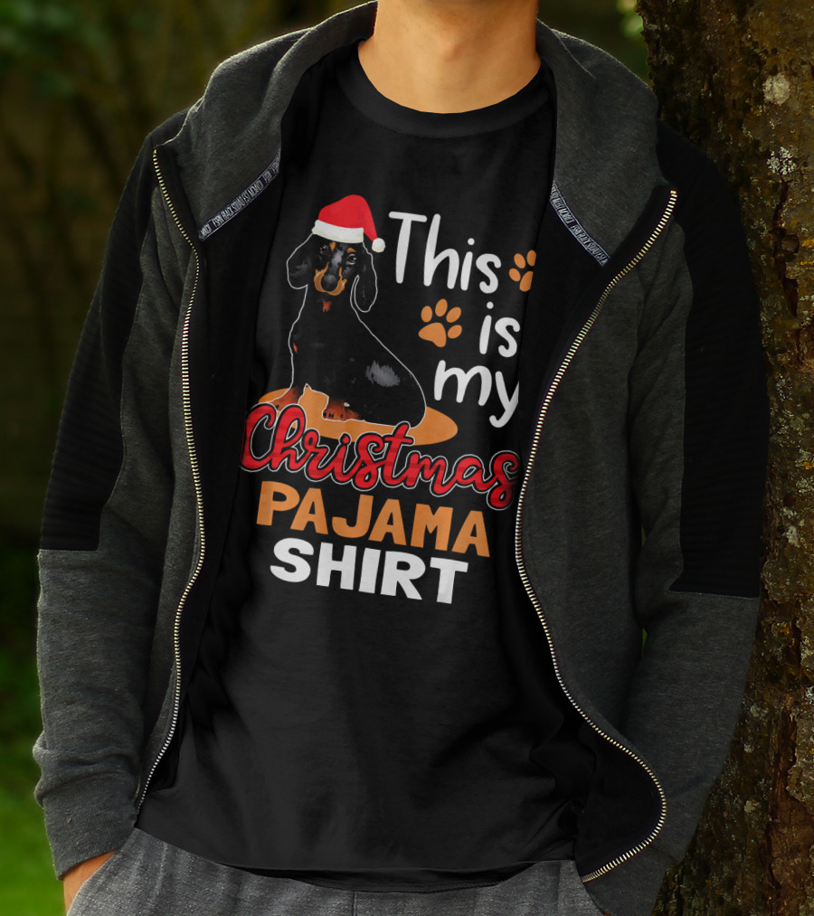 This Is My Christmas Pajama Shirt Dachshund Santa Hat Paw Prints T-Shirt