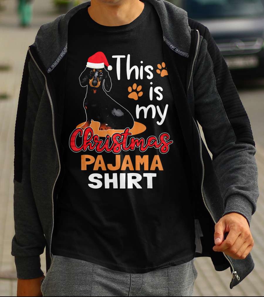 This Is My Christmas Pajama Shirt Dachshund Santa Hat Paw Prints T-Shirt