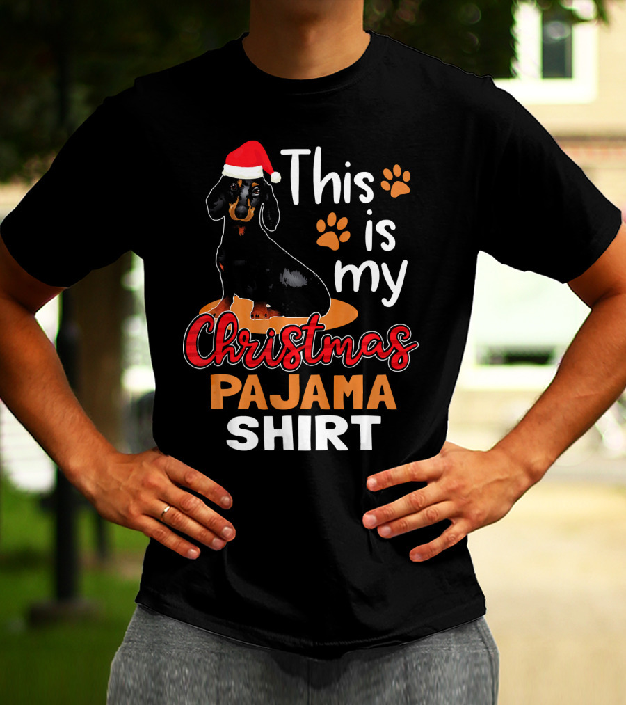 This Is My Christmas Pajama Shirt Dachshund Santa Hat Paw Prints T-Shirt