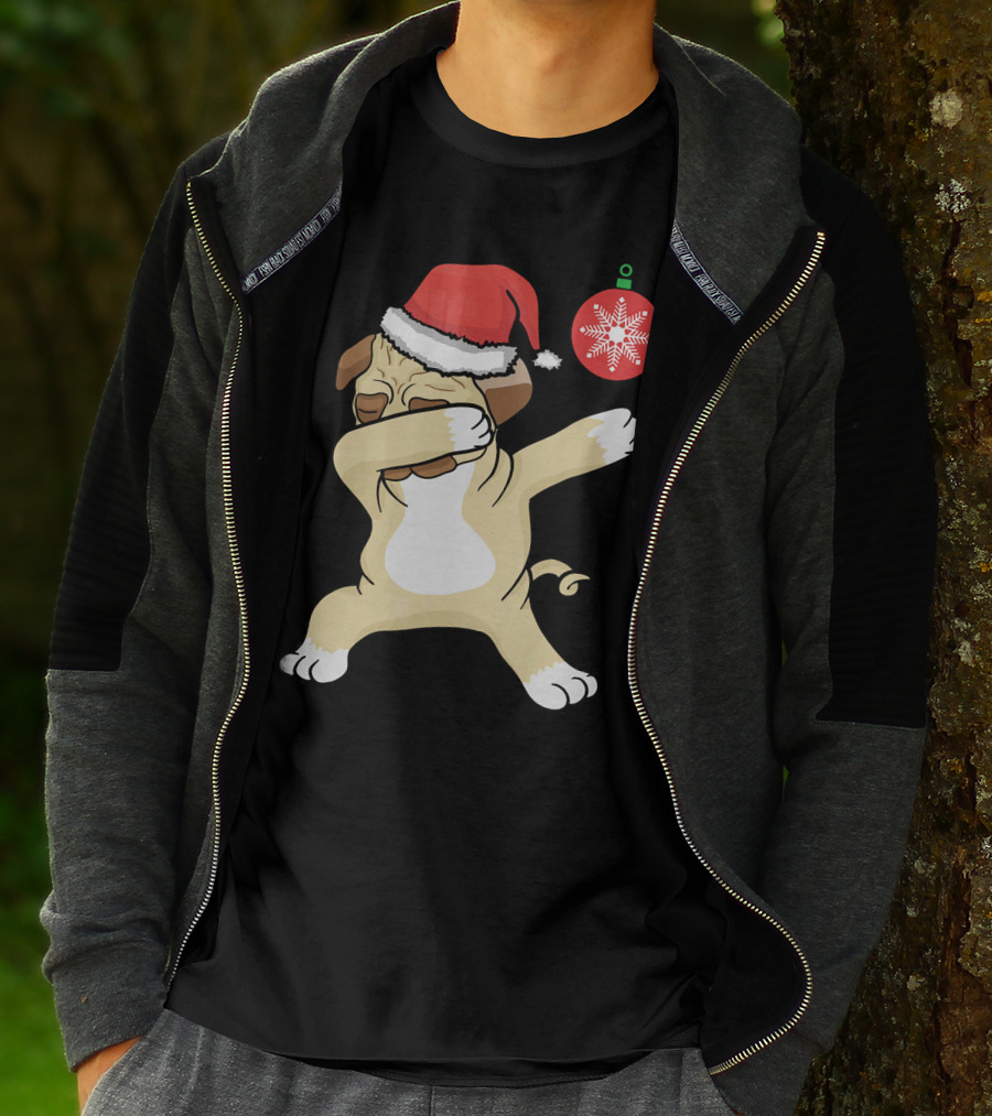 Christmas Pug Dabbing With Santa Hat And Red T-Shirt