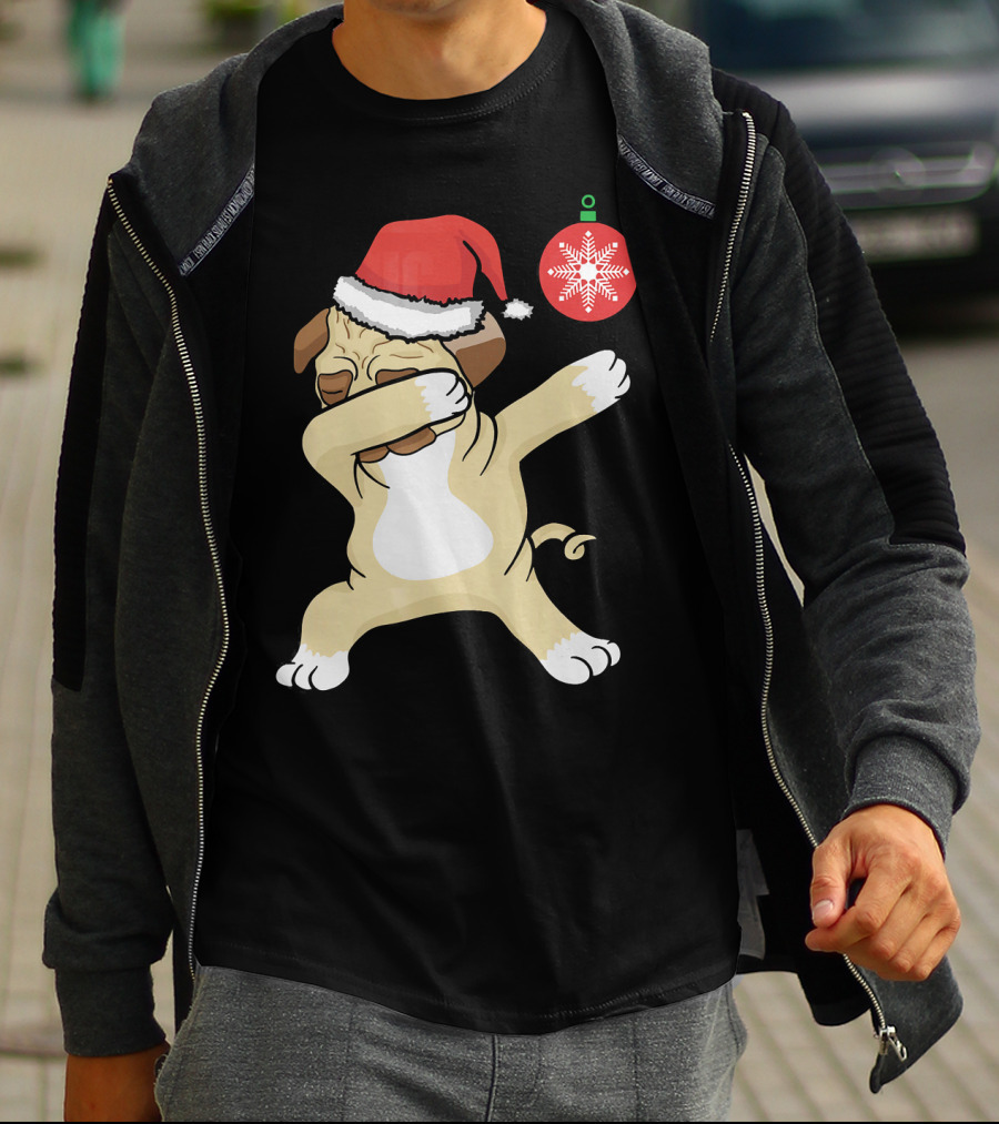 Christmas Pug Dabbing With Santa Hat And Red T-Shirt
