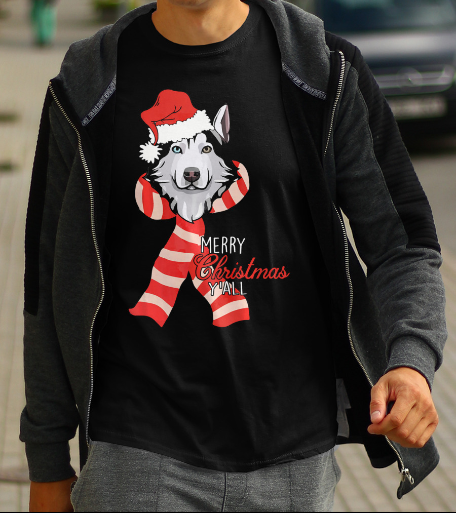Merry Christmas Y'all Husky Dog In Santa Hat And Scarf T-Shirt