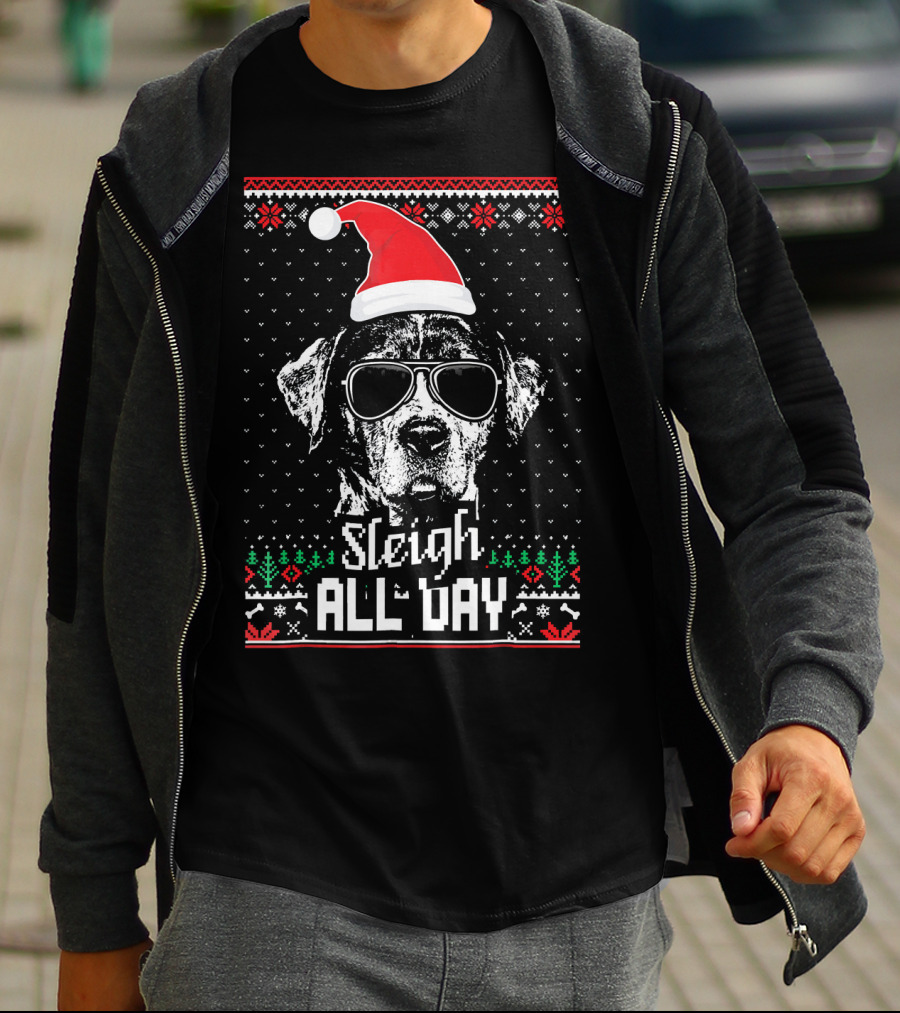 Sleigh All Day Funny Catahoula Cur Christmas Dog With Santa Hat And Sunglasses T-Shirt