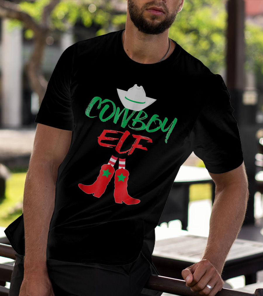 Cowboy Elf Christmas Hat Boots Men's Funny Holiday T-Shirt