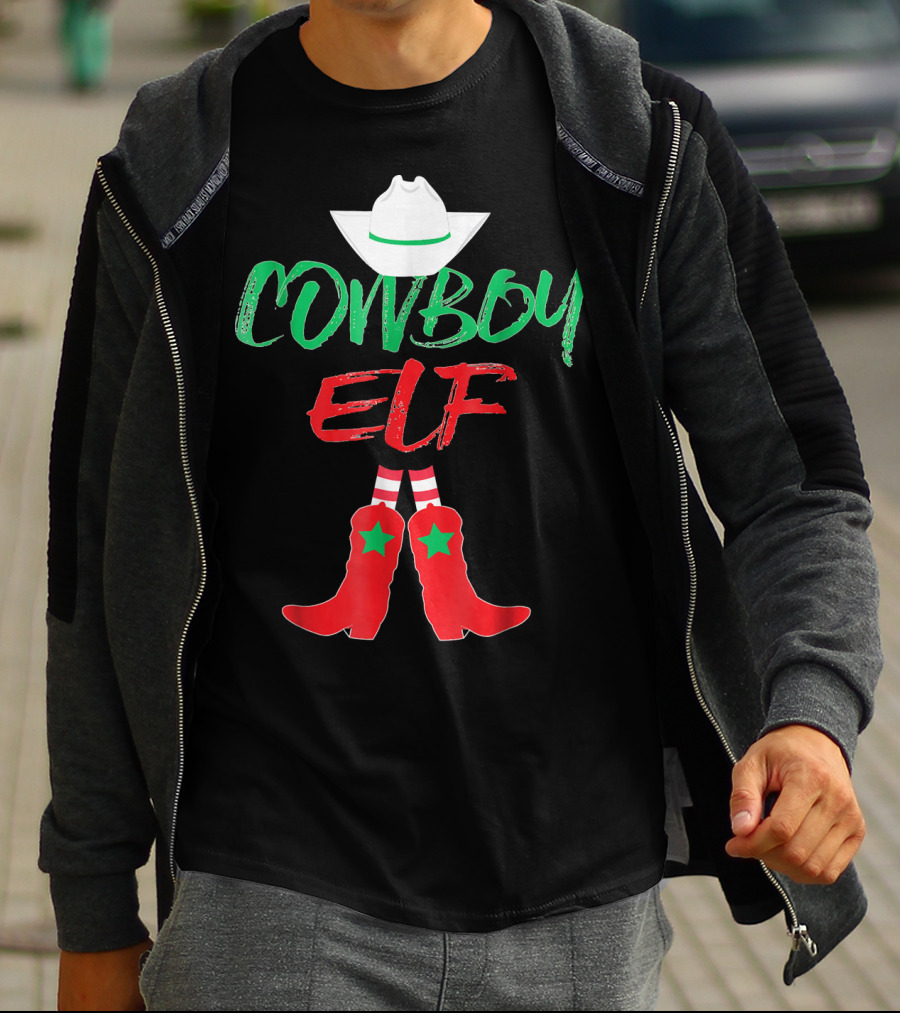 Cowboy Elf Christmas Hat Boots Men's Funny Holiday T-Shirt