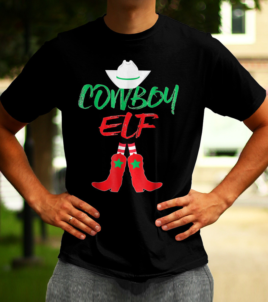 Cowboy Elf Christmas Hat Boots Men's Funny Holiday T-Shirt
