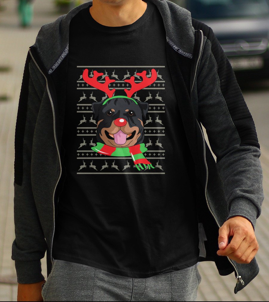 Rottweiler With Reindeer Antlers And Festive Scarf Christmas T-Shirt
