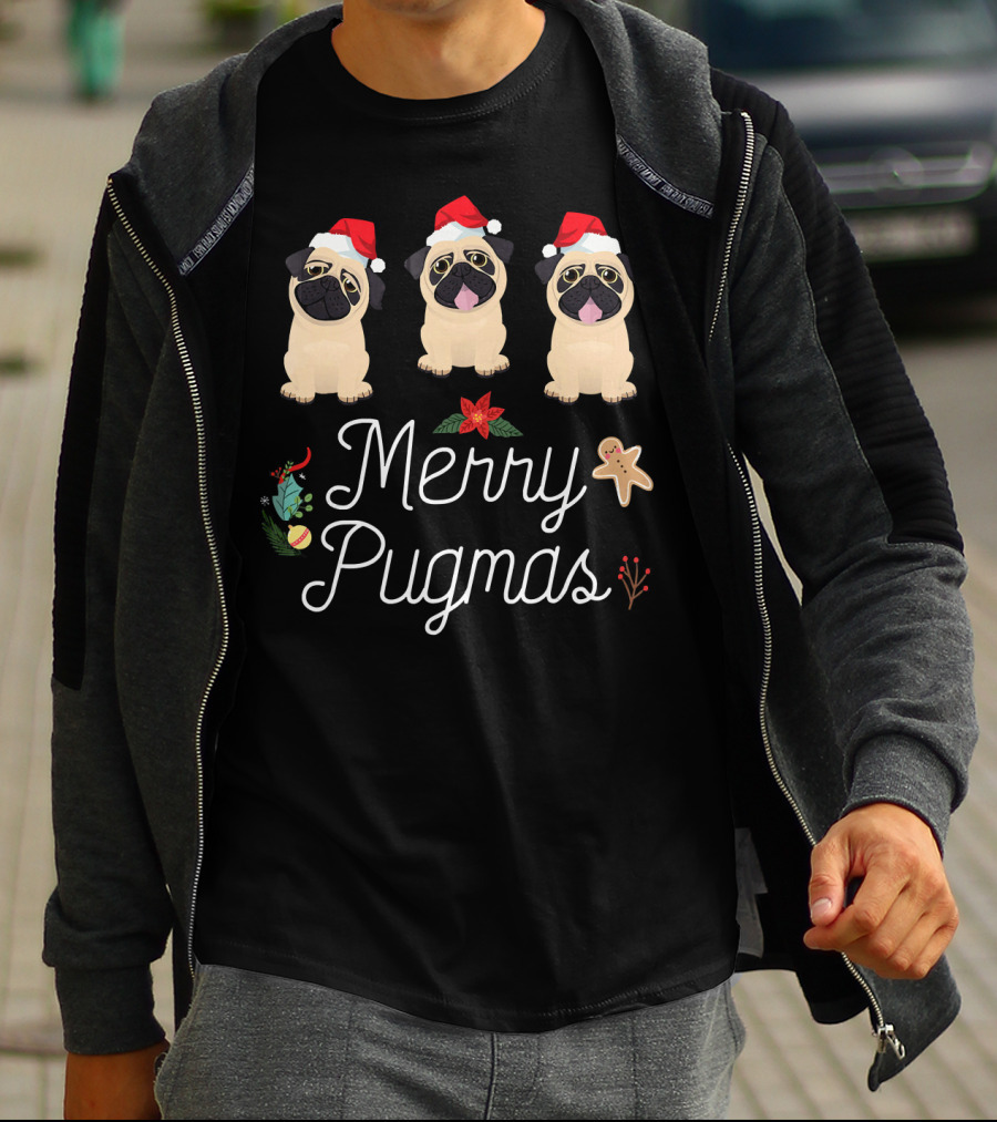 Merry Pugmas Christmas Pugs With Santa Hats And Holiday Decorations T-Shirt