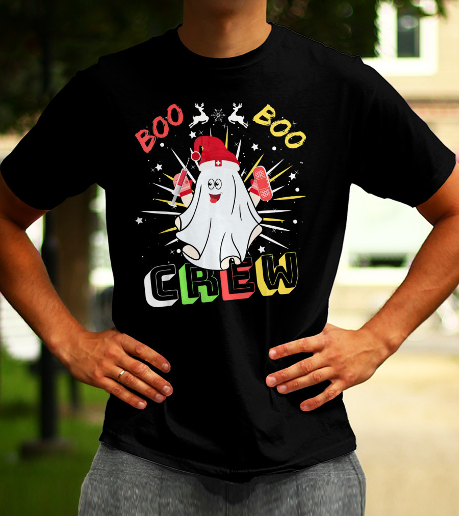 Boo Boo Crew Christmas Nurse Ghost With Bandages And Reindeer T-Shirt