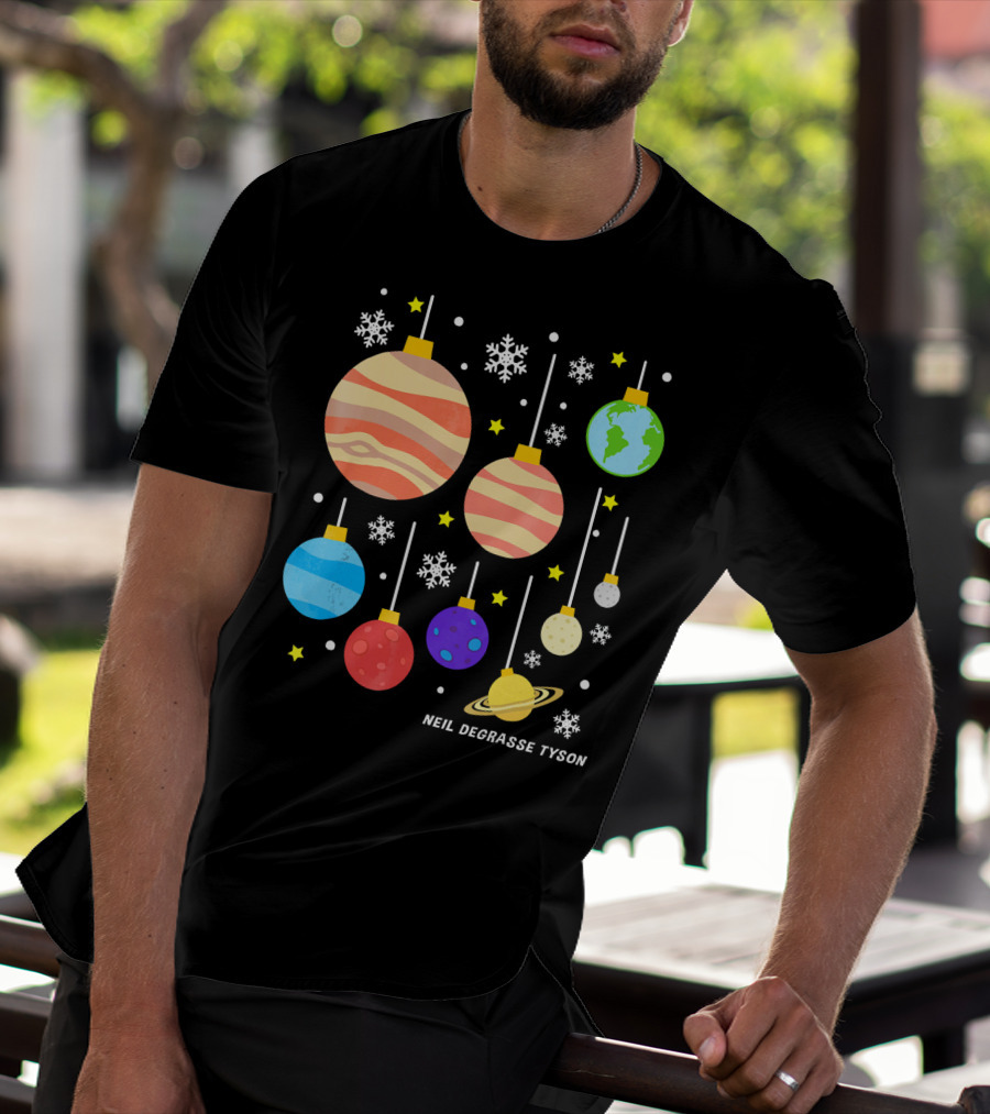 Neil DeGrasse Tyson Planets Hanging Ornaments Snowflakes Stars T-Shirt