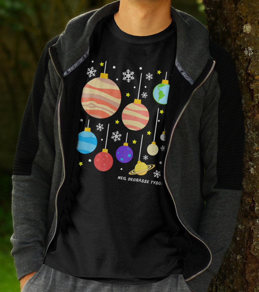 Neil DeGrasse Tyson Planets Hanging Ornaments Snowflakes Stars T-Shirt