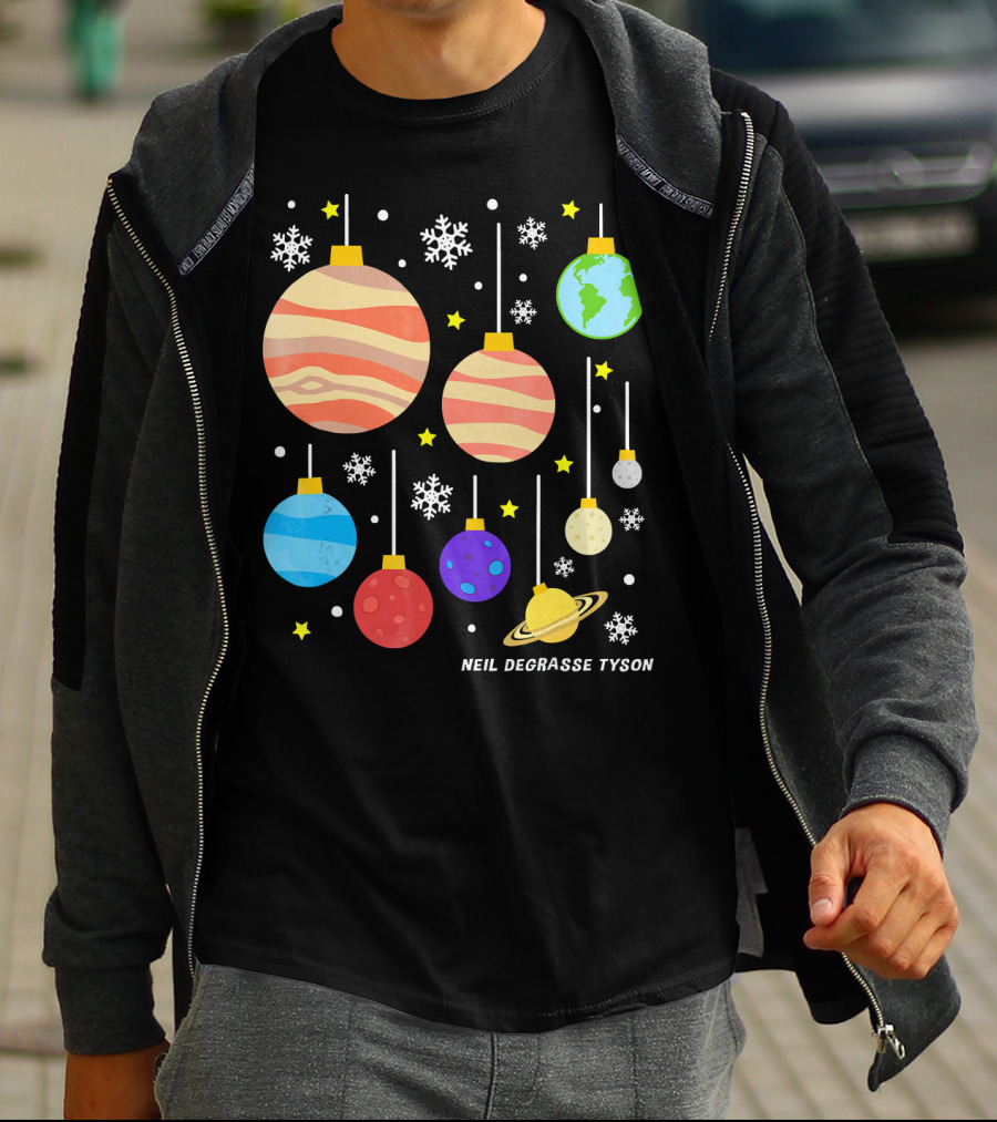 Neil DeGrasse Tyson Planets Hanging Ornaments Snowflakes Stars T-Shirt