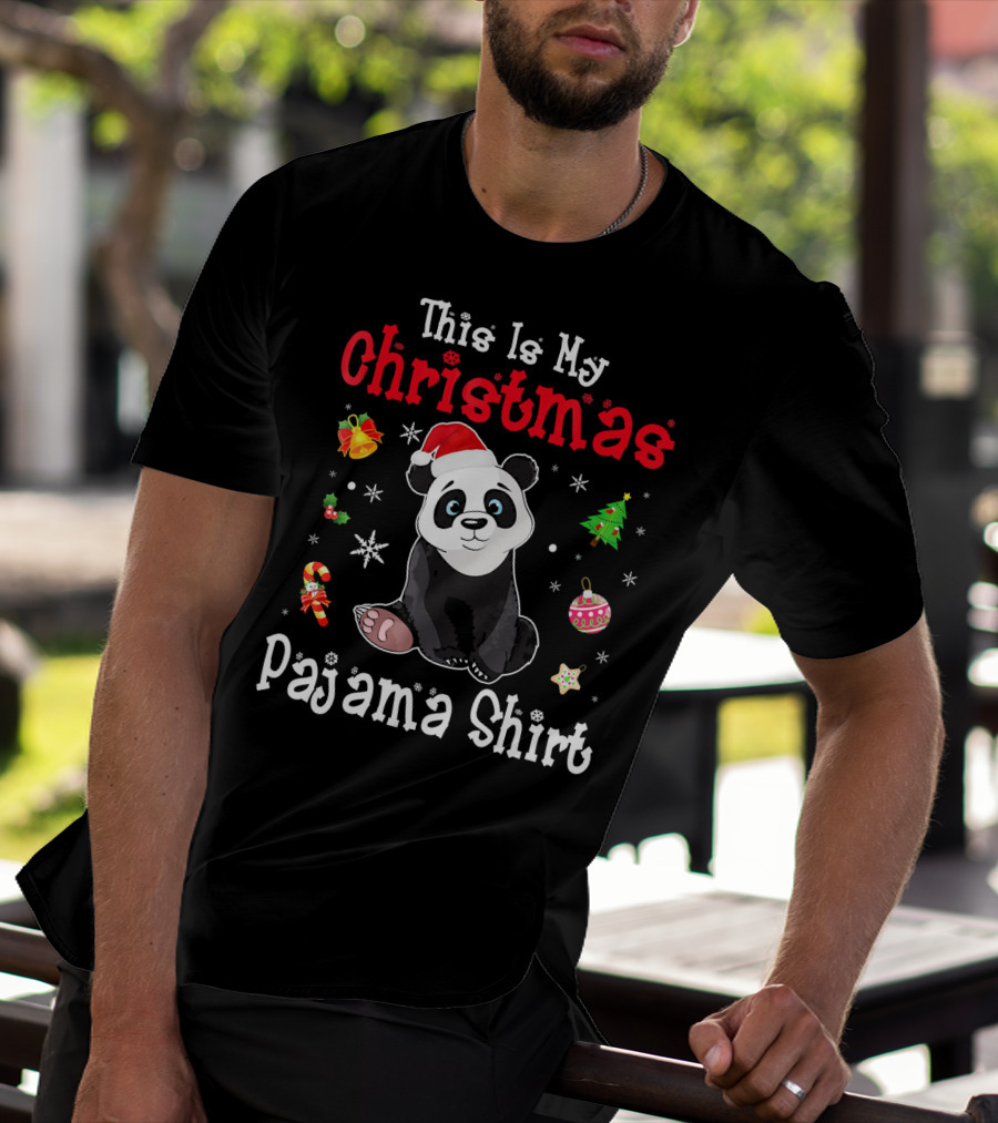 This Is My Christmas Pajama Shirt Panda Santa Hat Snowflakes Ornaments T-Shirt