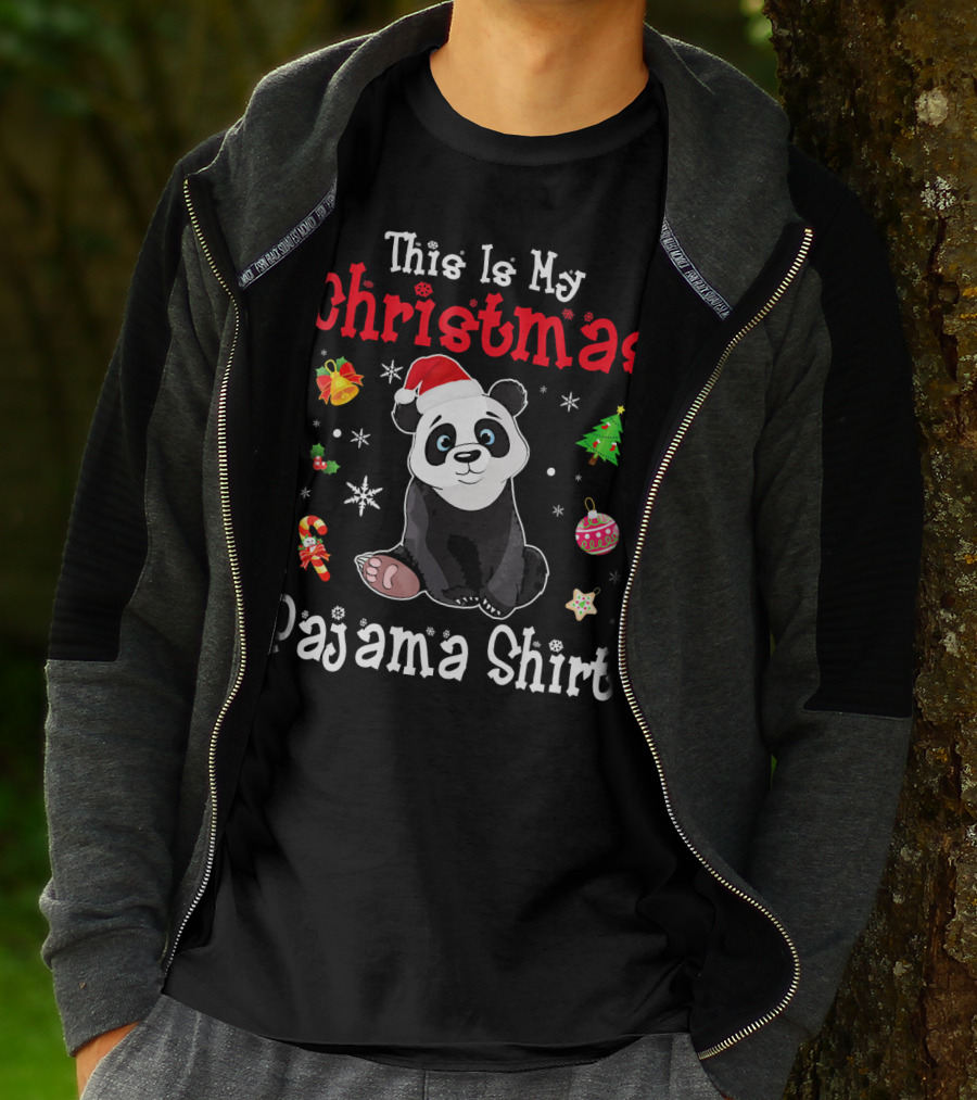 This Is My Christmas Pajama Shirt Panda Santa Hat Snowflakes Ornaments T-Shirt