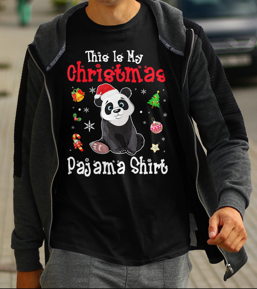 This Is My Christmas Pajama Shirt Panda Santa Hat Snowflakes Ornaments T-Shirt