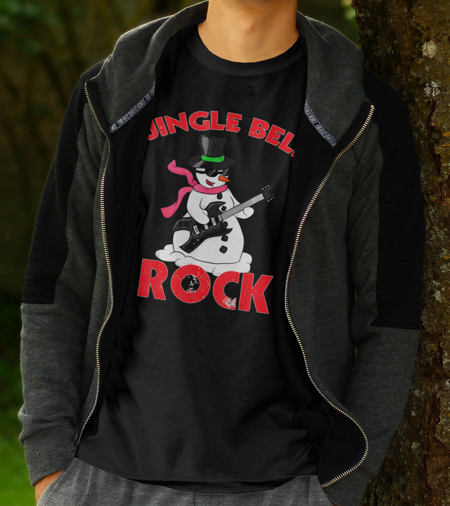 Jingle Bell Rock Snowman Playing Guitar With Top Hat And Scarf T-Shirt