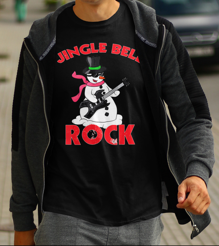 Jingle Bell Rock Snowman Playing Guitar With Top Hat And Scarf T-Shirt