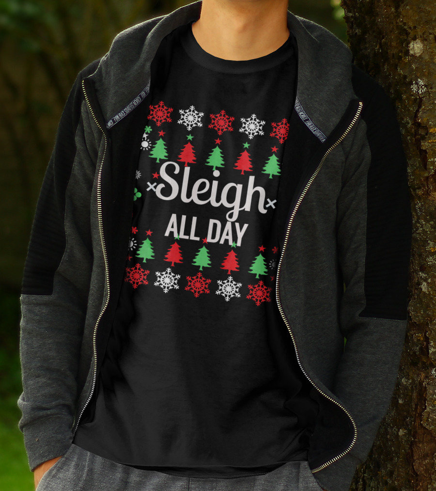 Sleigh All Day Holiday Snowflakes And Trees T-Shirt