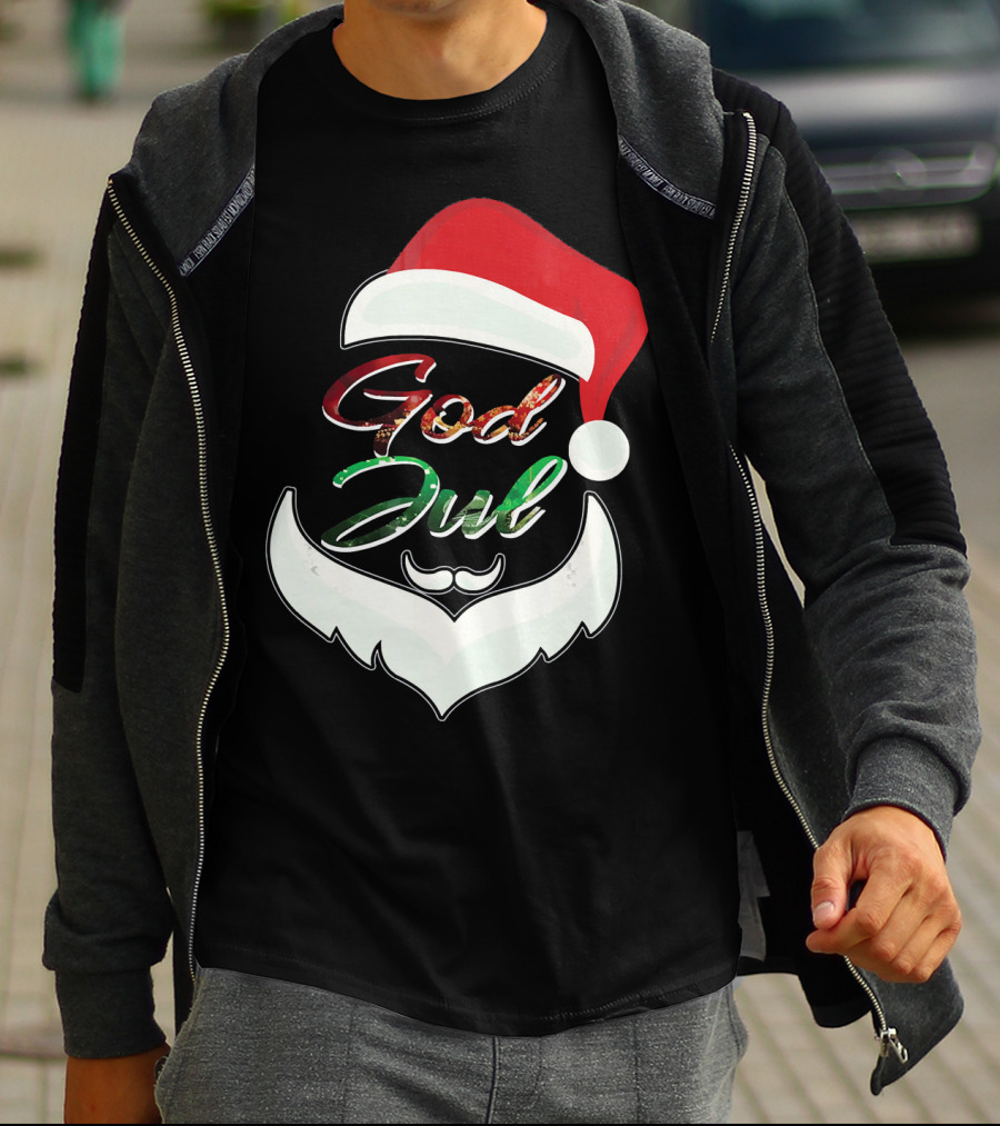 God Jul Norwegian Merry Christmas Santa Hat And Beard Design Norway T-Shirt